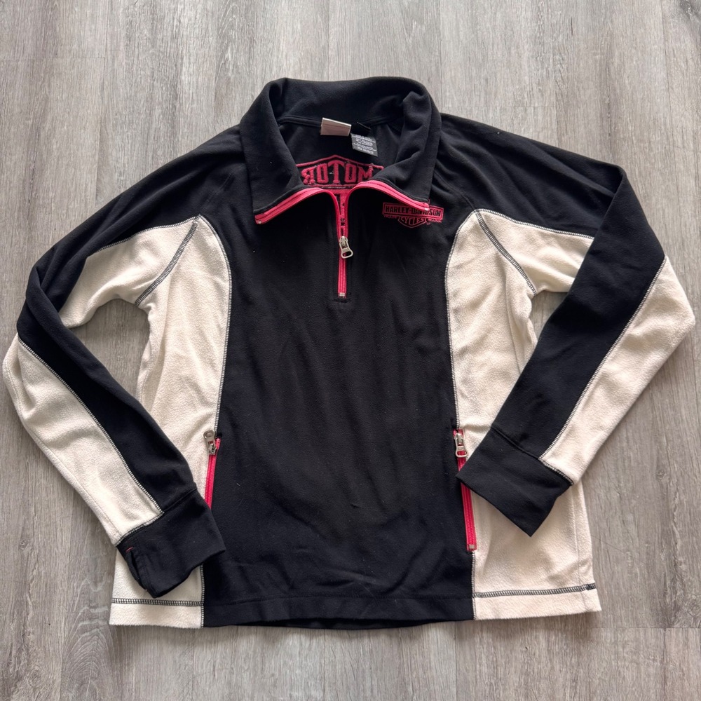Harley-Davidson Women Black Cream Pink Fleece Quarter Zip Pullover XL